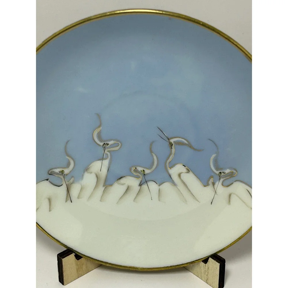 Mitsu-Boshi Japan Porcelain Saucer Blue White Egrets Herons‎ Gold Trim Set of 4