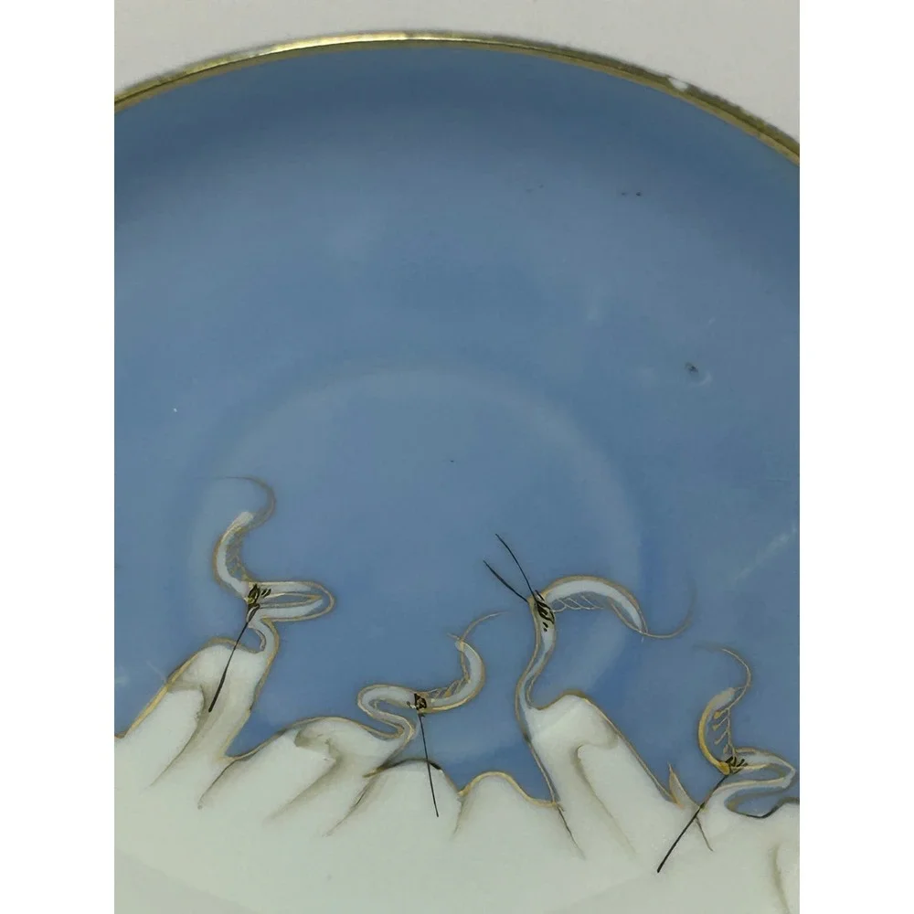 Mitsu-Boshi Japan Porcelain Saucer Blue White Egrets Herons‎ Gold Trim Set of 4