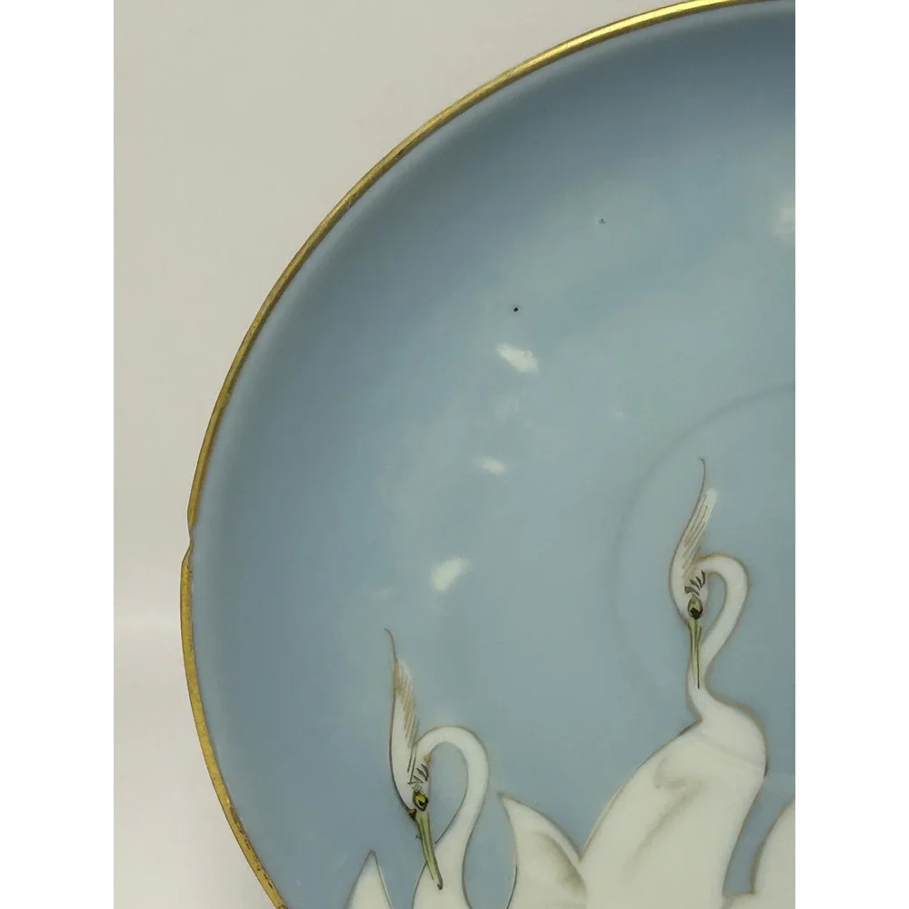 Mitsu-Boshi Japan Porcelain Saucer Blue White Egrets Herons‎ Gold Trim Set of 4