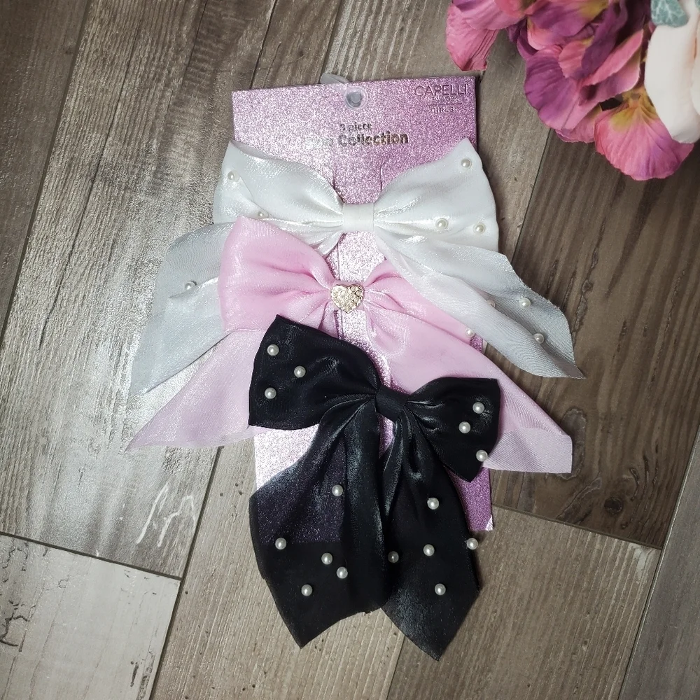 NWT Capelli New York Girls Pearl-Embellished 3pc Bow Set - White, Pink, Black