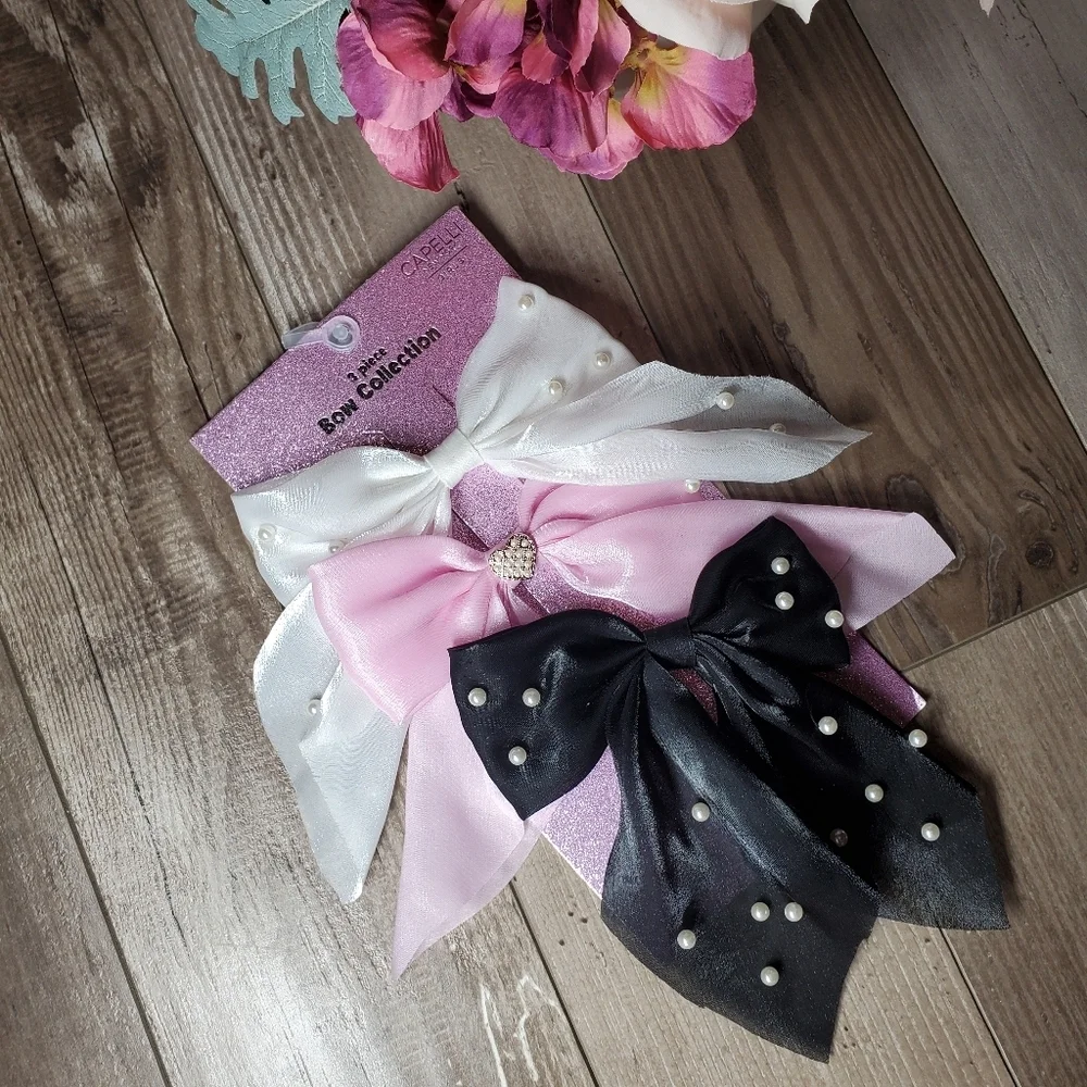 NWT Capelli New York Girls Pearl-Embellished 3pc Bow Set - White, Pink, Black