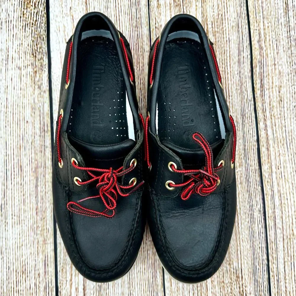 Timberland Men's Size 8 Classic Two-Eye Black Leather Boat Shoes Preppy Nautical