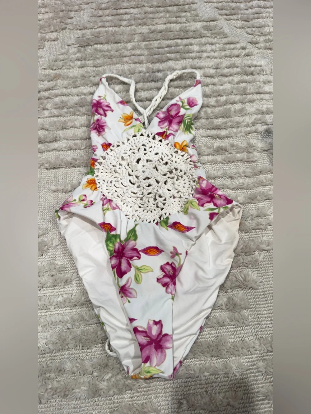 Frankie's Bikinis White Floral One-Piece with Crochet Detail