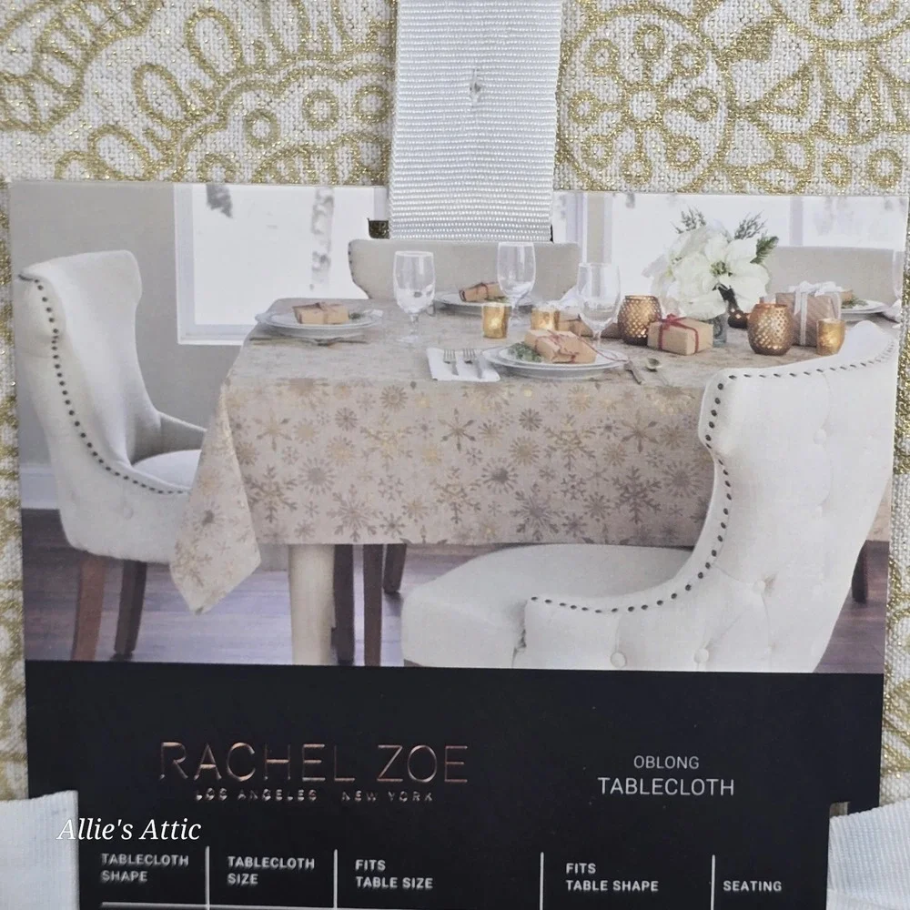 Rachel Zoe Tablecloth 60x84 New Gold White Beige Boho Floral Minimilist Cotton