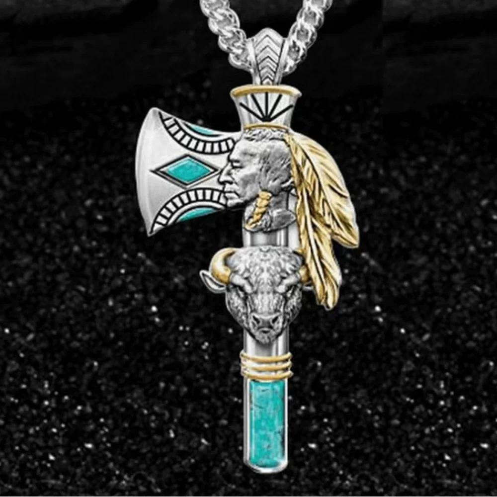 1c Necklace Bullhead Ache Indian Pendant Size‎ 2inch Faux Imitation Jewelry