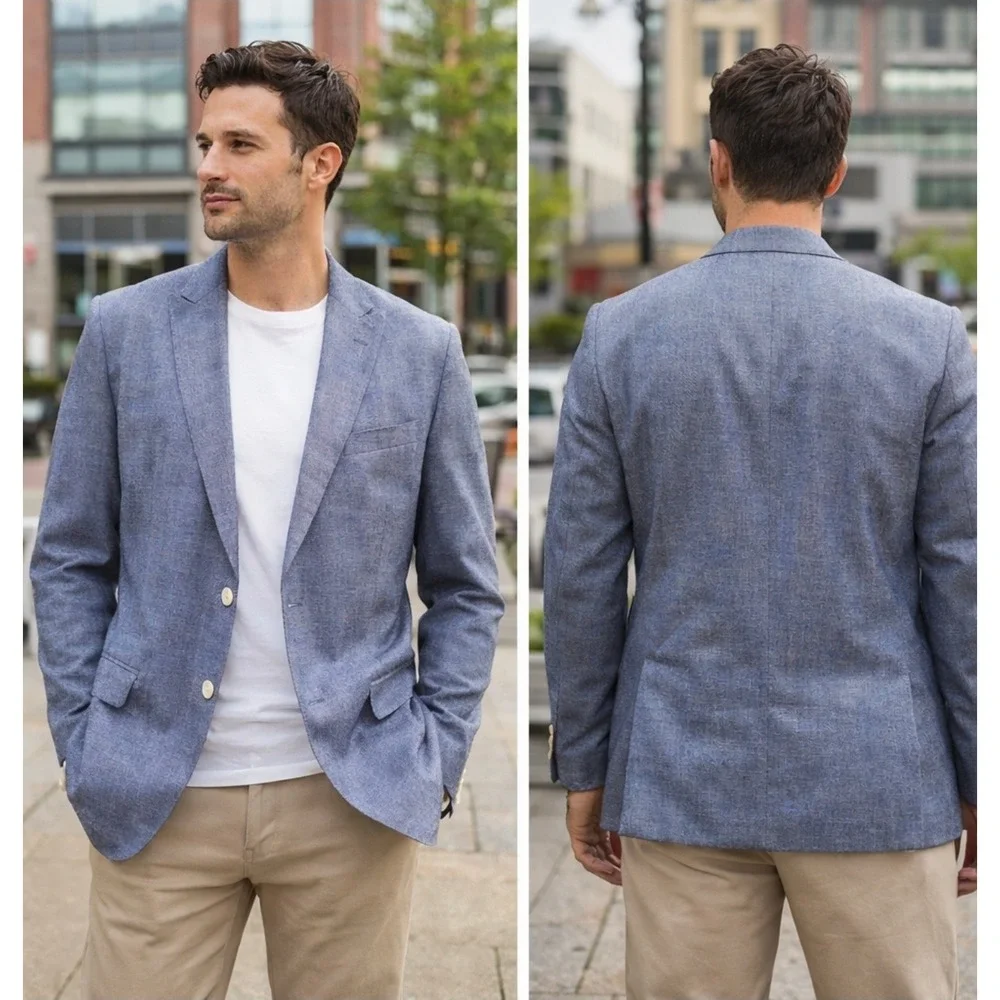 Flynt Mens Wayne Blue Cotton Linen Blend 2 Button Blazer Sport Coat Size 44L‎
