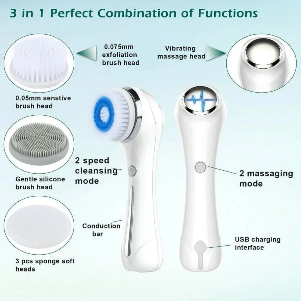 Electric Facial Cleansing Brush Waterproof Silicone Face Scrubber Dual Speed NIB