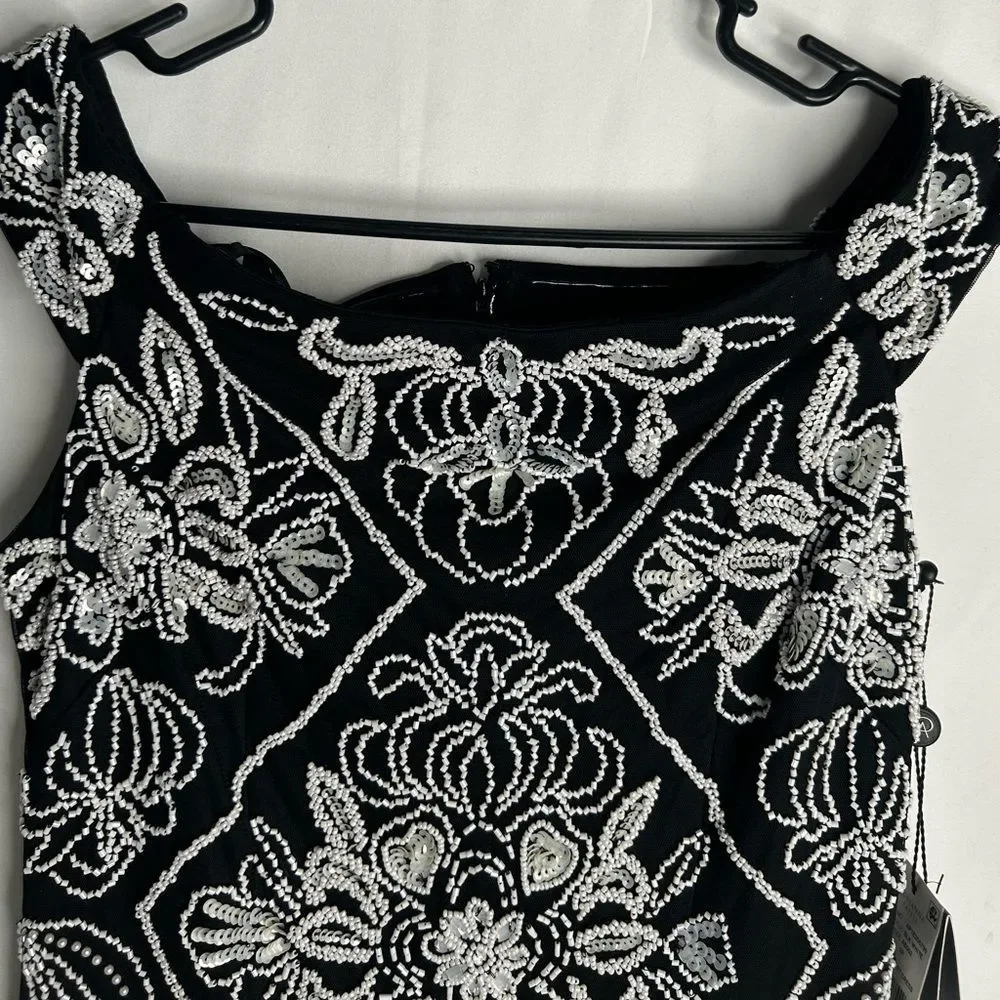 NWT Adrianna Papell Women’s Off Shoulder Fitted Beaded Dress. Black White. SZ 2P
