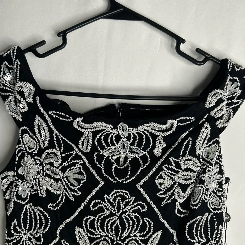 NWT Adrianna Papell Women’s Off Shoulder Fitted Beaded Dress. Black White. SZ 2P