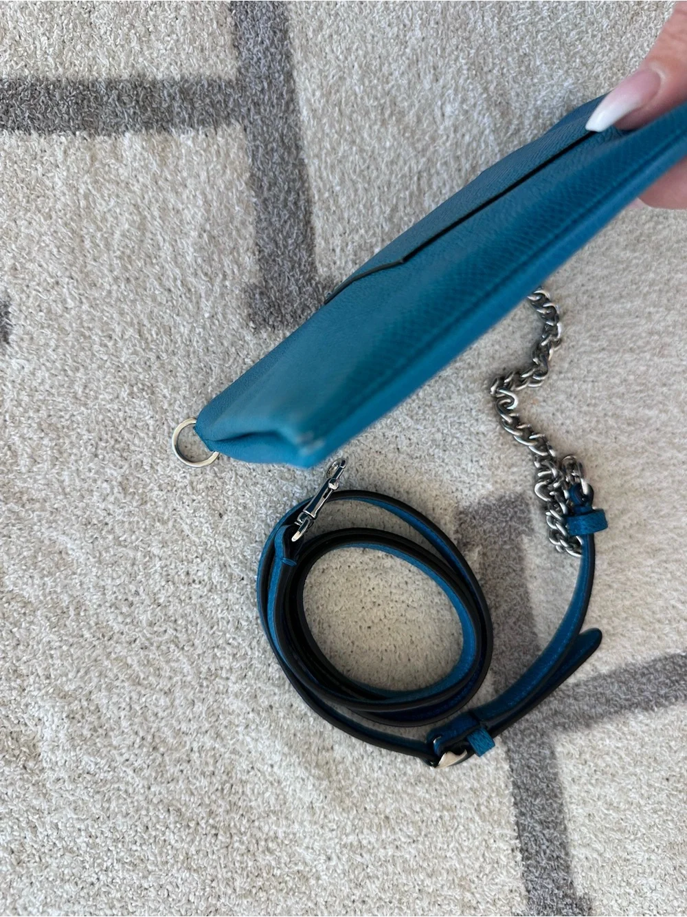 Coach Teal Pebbled Leather Crossbody Clutch with Chain Strap