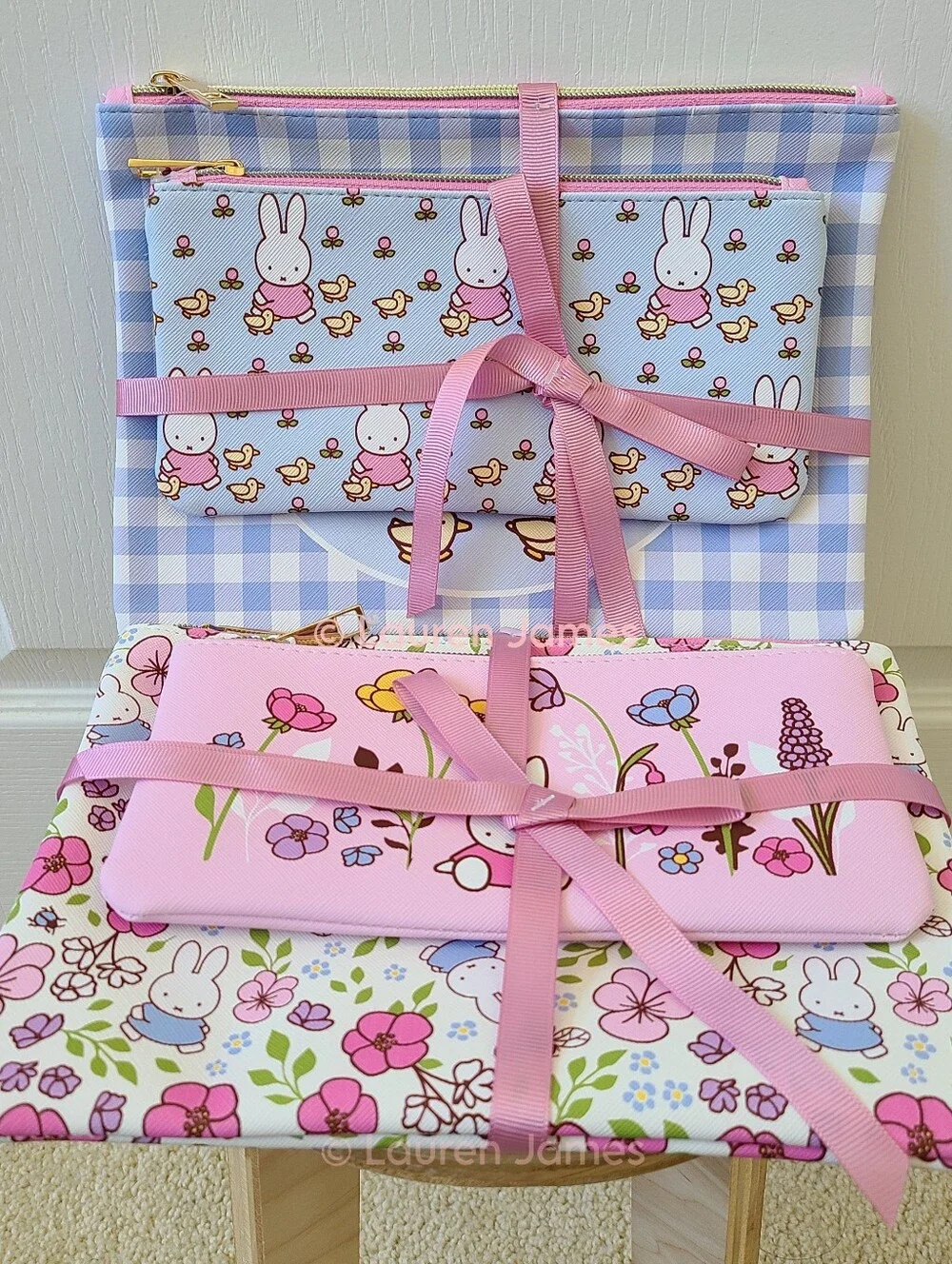 Miffy Pink Spring Floral and Blue Gingham Ducks Pencil Pouch Set