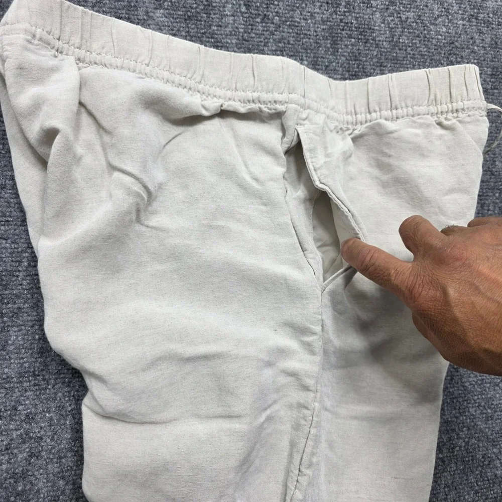 HM Linen Blend Wide Leg Drawstring Pants Beige Oatmeal Melange Large Women's