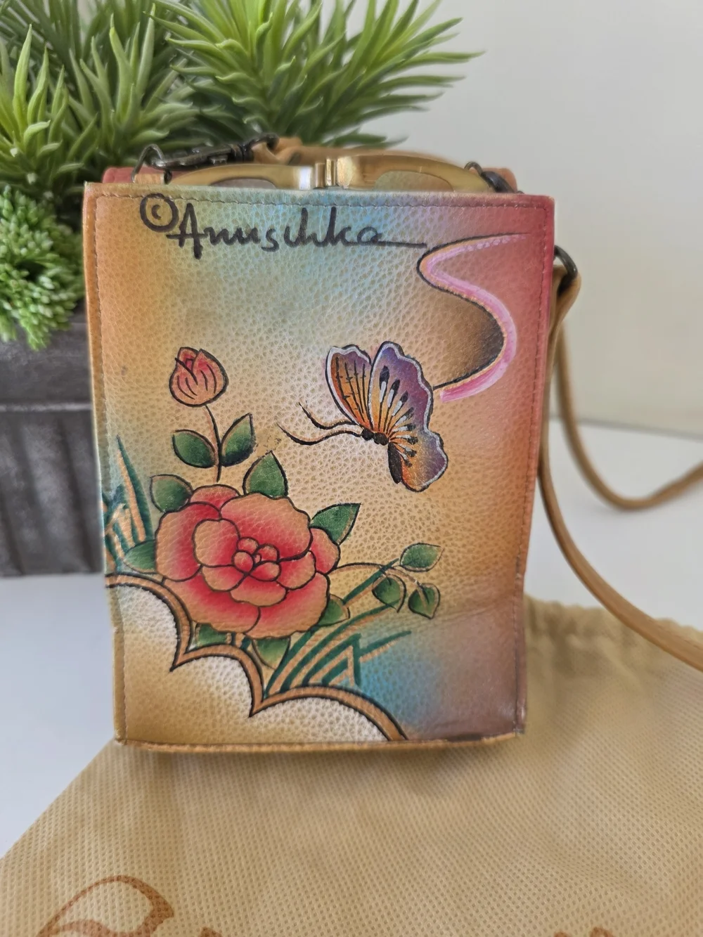 Anuschka Hand Painted Leather Crossbody Bag Butterfly Floral Mini Purse Clutch