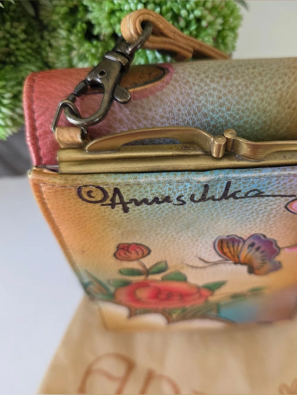 Anuschka Hand Painted Leather Crossbody Bag Butterfly Floral Mini Purse Clutch
