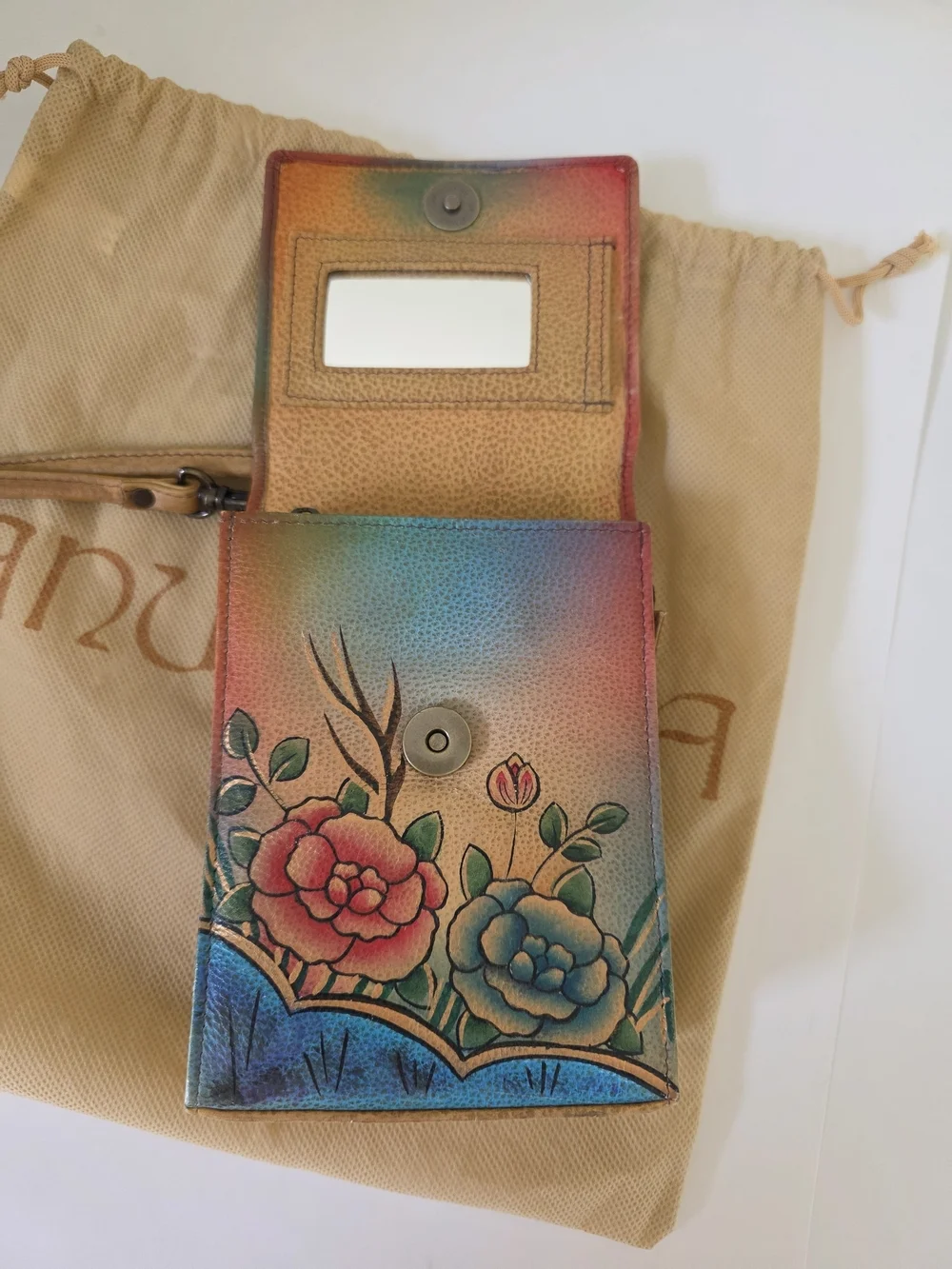Anuschka Hand Painted Leather Crossbody Bag Butterfly Floral Mini Purse Clutch