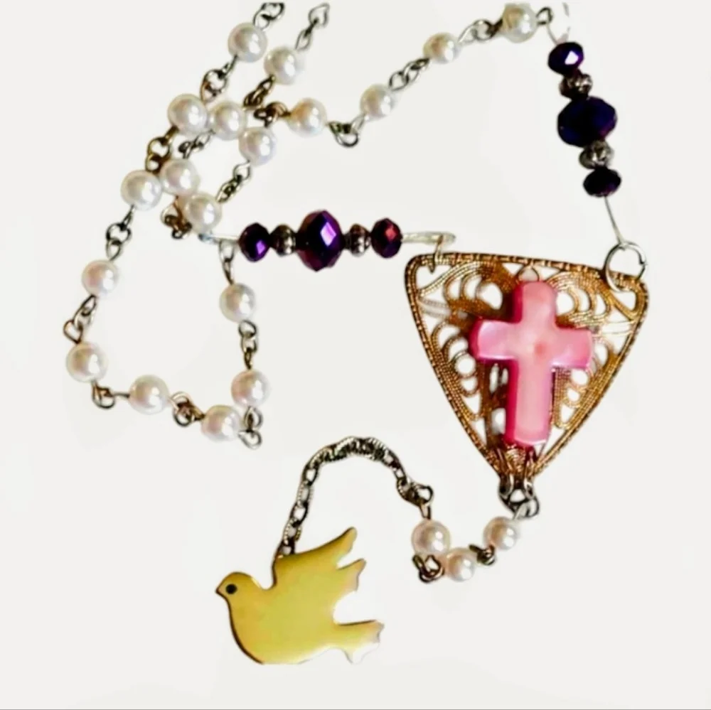 Pink and White Rosary Bookmark with Silver Tone Dove Charm Handmade