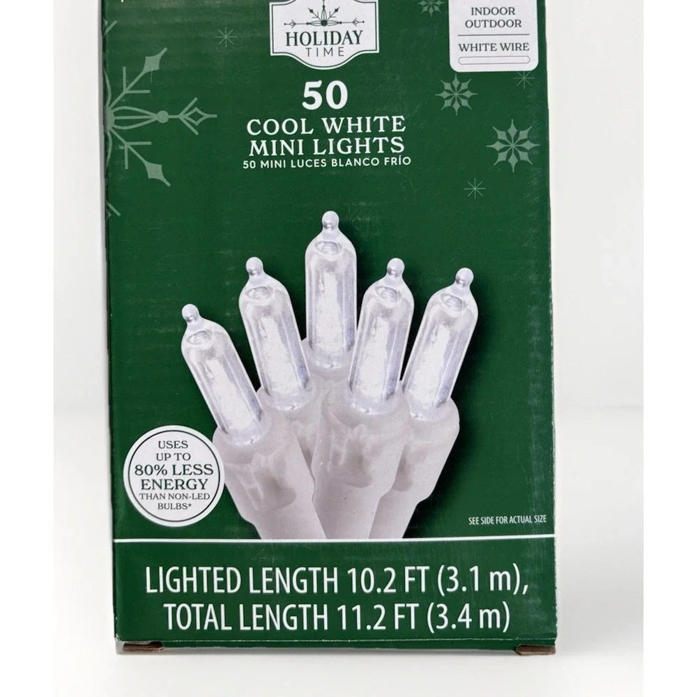 Holiday Time 50.Ct Cool White Mini LED Christmas Lights Strand White Wire NEW