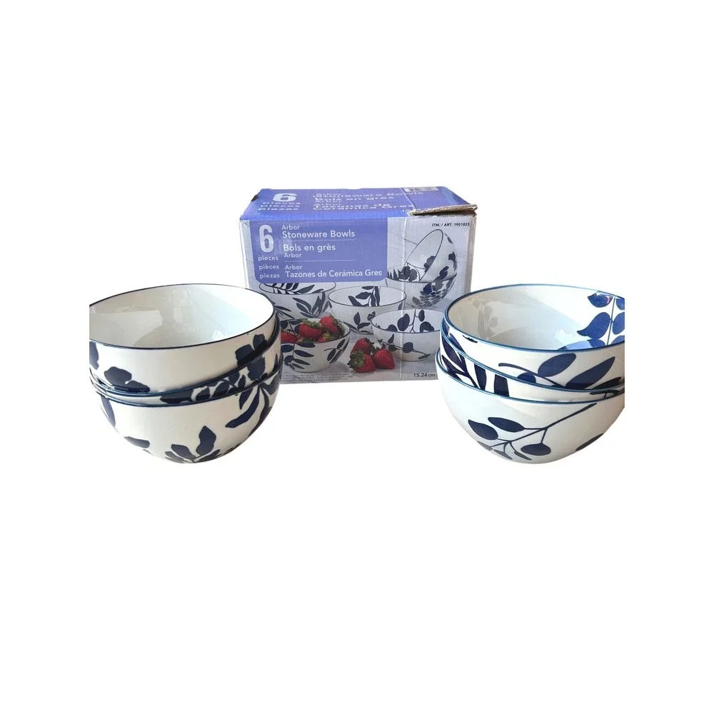 Certified International Arbor Blue White Floral Stoneware Bowls 6 Piece Set 6in