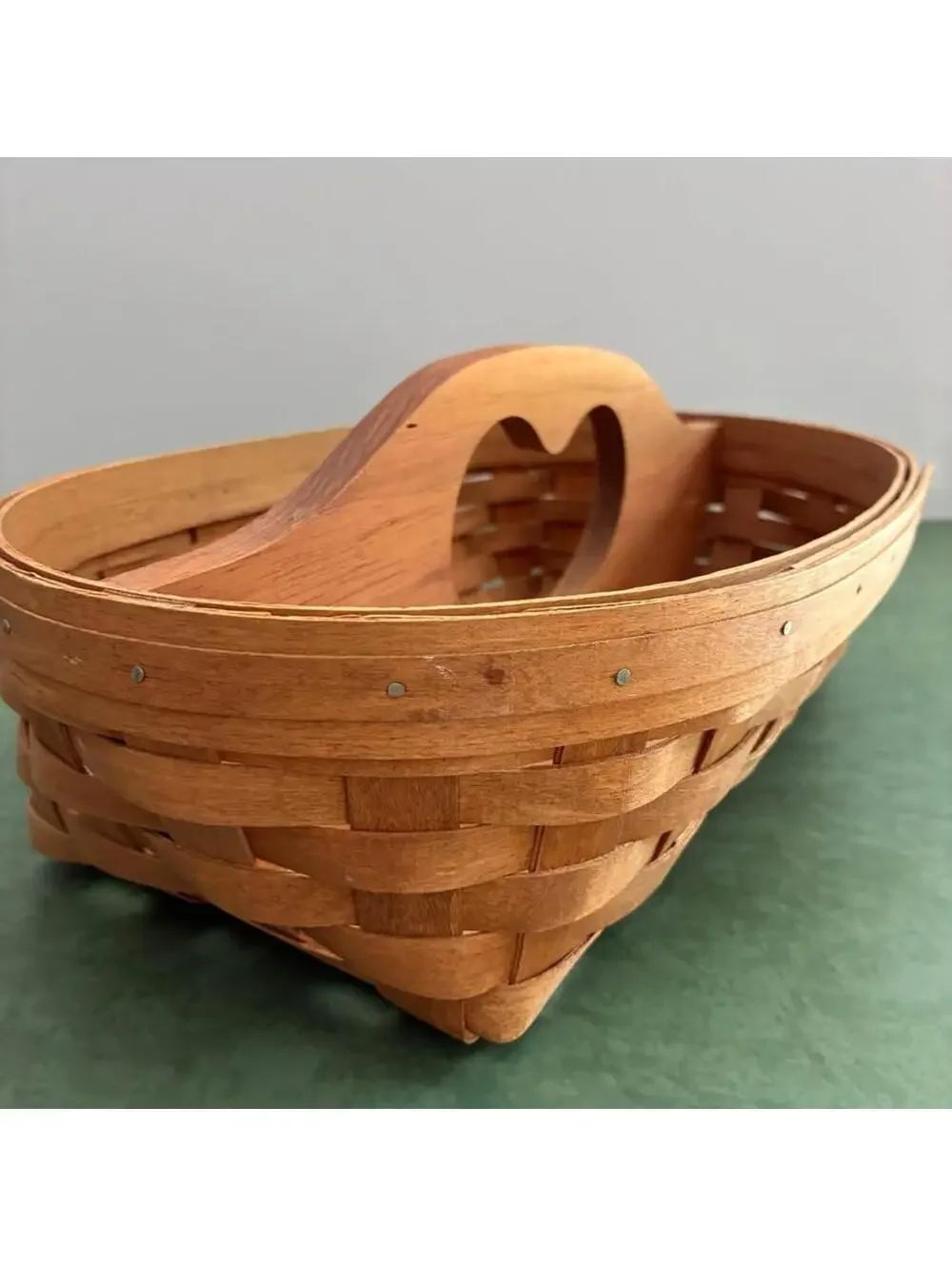 Vintage Gerald E Henn Divided Basket, heart handle Handwoven Wood Utensil Caddy