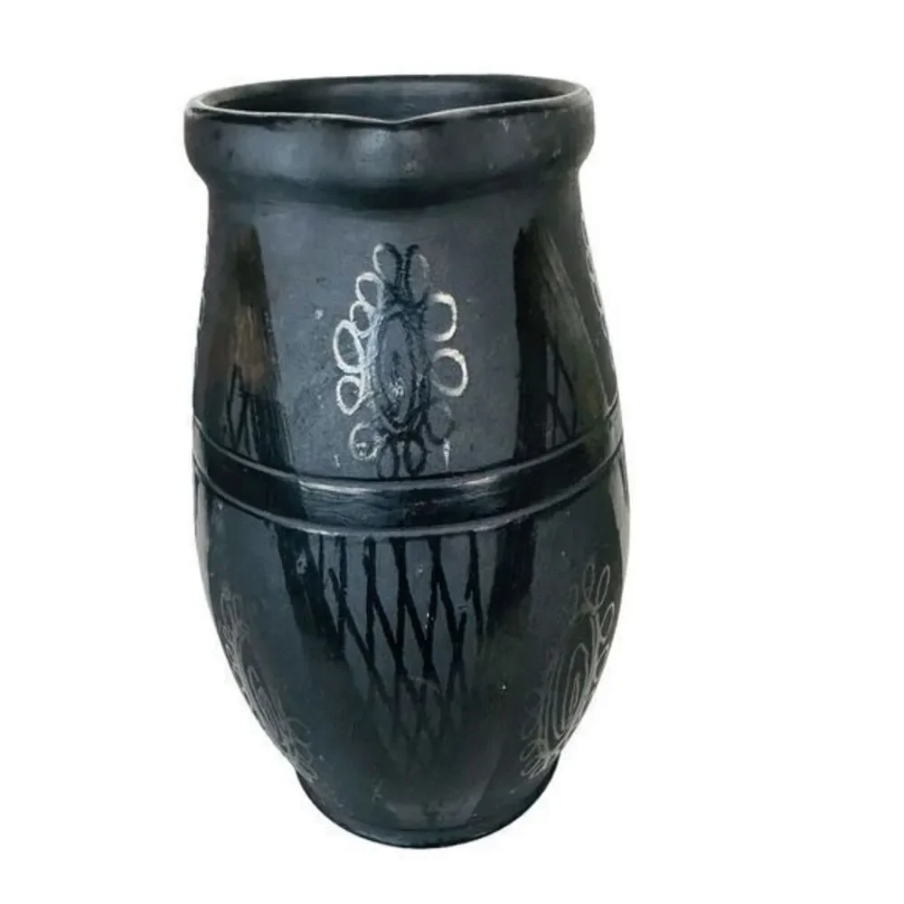 Vintage Pottery‎ Pitcher Charcoal/Black Abstract Design Artist Signed 8