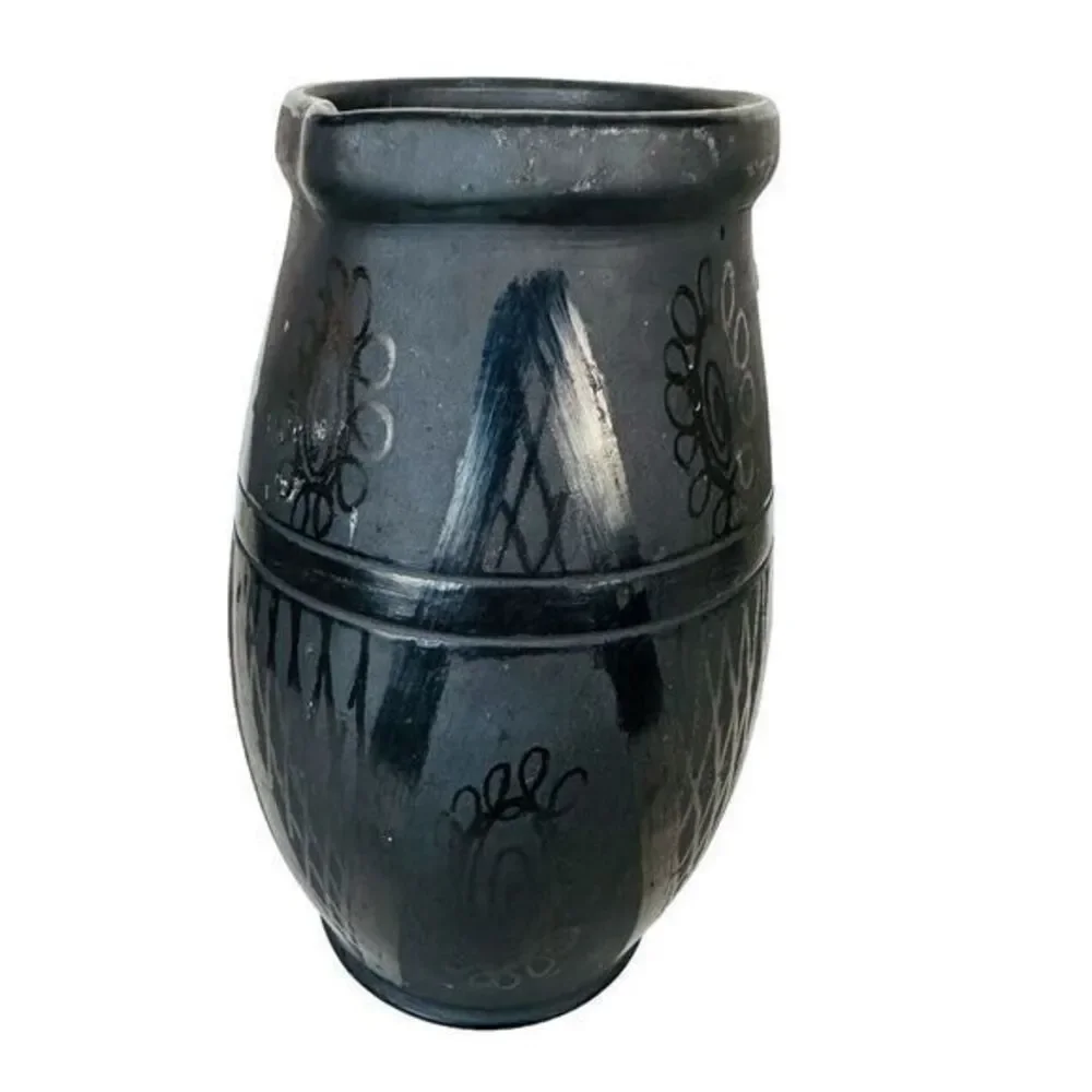 Vintage Pottery‎ Pitcher Charcoal/Black Abstract Design Artist Signed 8