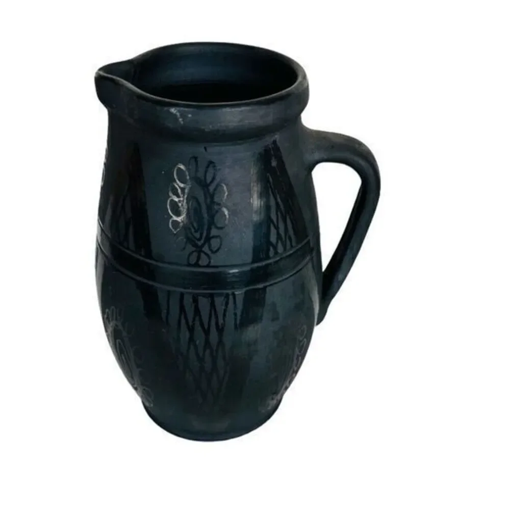 Vintage Pottery‎ Pitcher Charcoal/Black Abstract Design Artist Signed 8