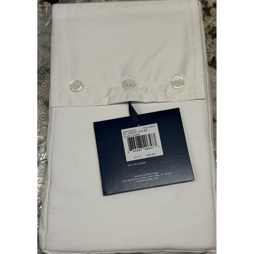 Ralph Lauren Home Organic Cotton Euro Sham Pillow Case Parchment Button‎ Closure