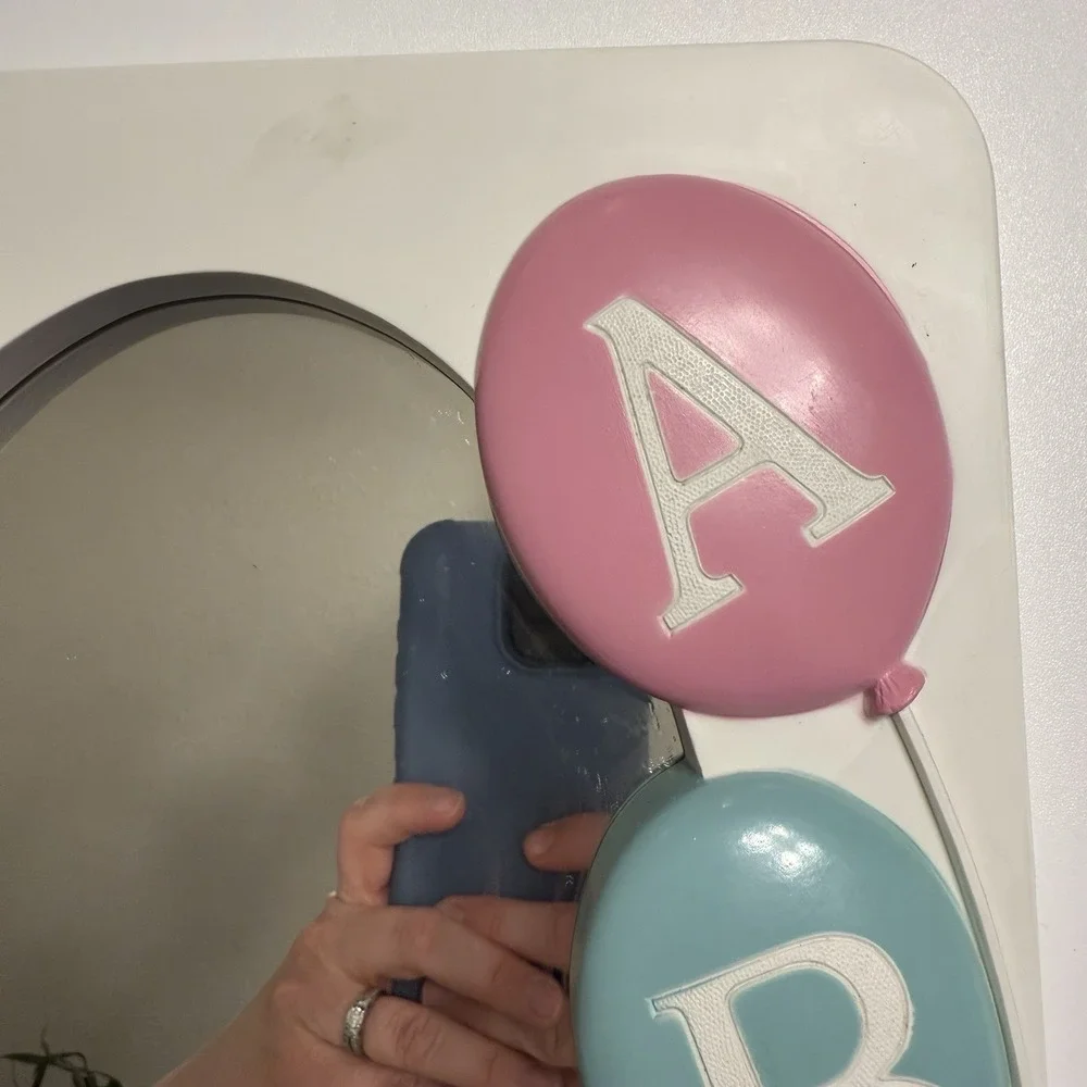 Homco Mirror Baby Nursery Decor ABC White‎ Blue Pink Bow Balloons Pastel Cottage