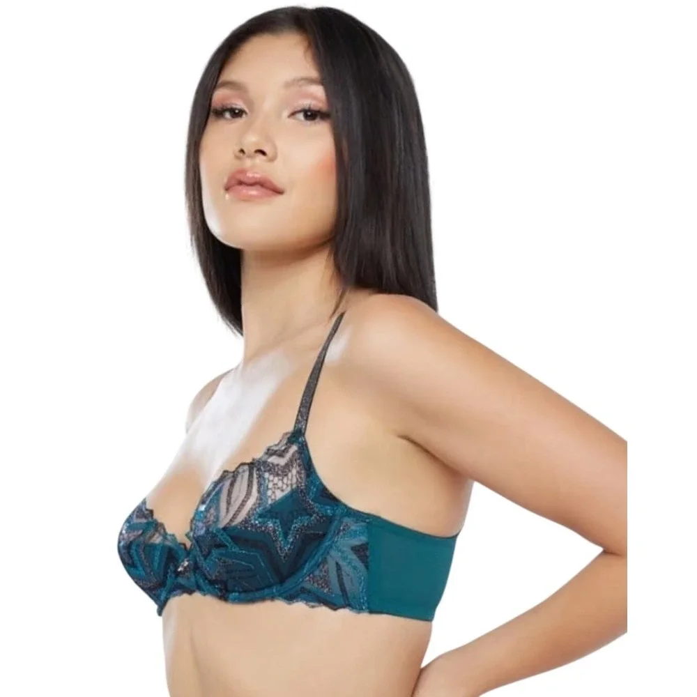 Savage X Fenty Green Metallic Zigzag Mesh Lingerie‎ Underwire Bra Size 36B