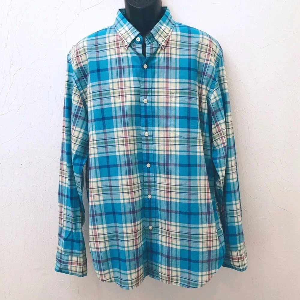 J. Crew Factory Men's Size XL Blue Plaid Button Down Long Sleeve Shirt‎