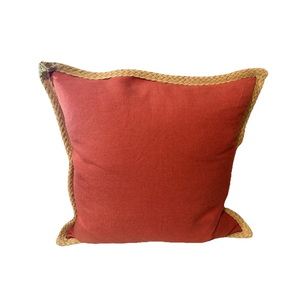 2x Pottery Barn 20x20 Linen Pillows Coral Terracotta Unique Sage Jute Trim Zip