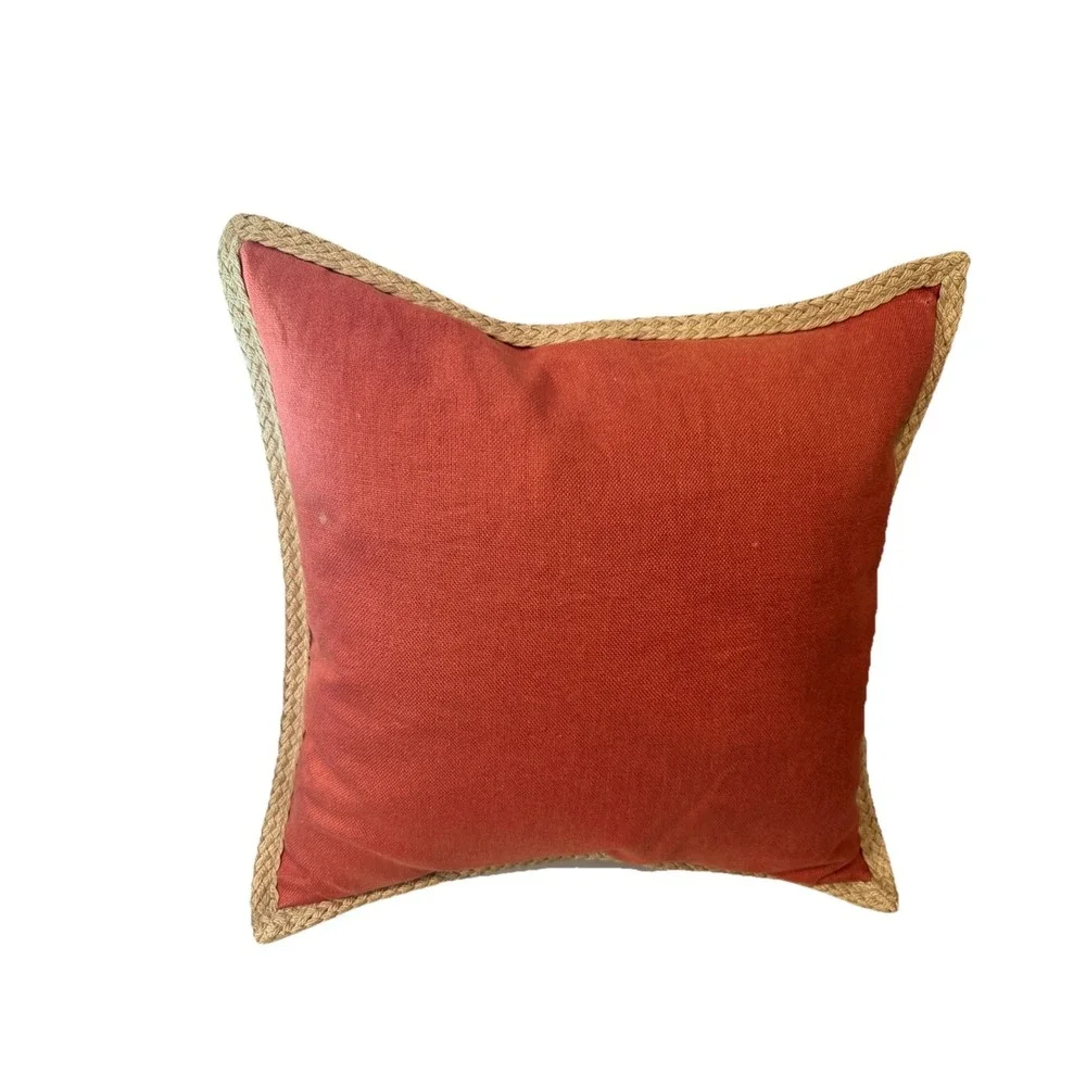 2x Pottery Barn 20x20 Linen Pillows Coral Terracotta Unique Sage Jute Trim Zip