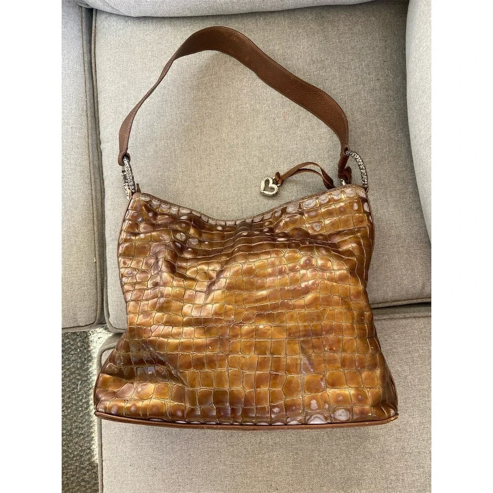 Brighton Cher Hobo Shoulder Bag Womens Large Brown Bronze Croc Embossed