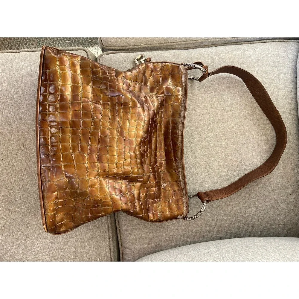 Brighton Cher Hobo Shoulder Bag Womens Large Brown Bronze Croc Embossed