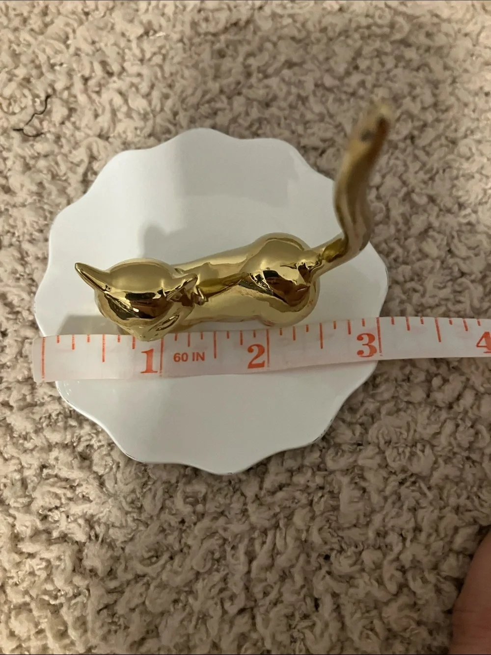 Gold Cat Ring Dish White Scalloped Tray 3” wide