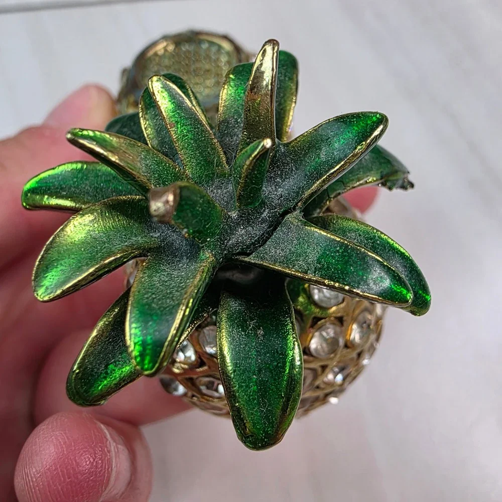 Vintage Pineapple Rhinestone Trinket Box Gold Tone Green Enamel Hinged Jewelry