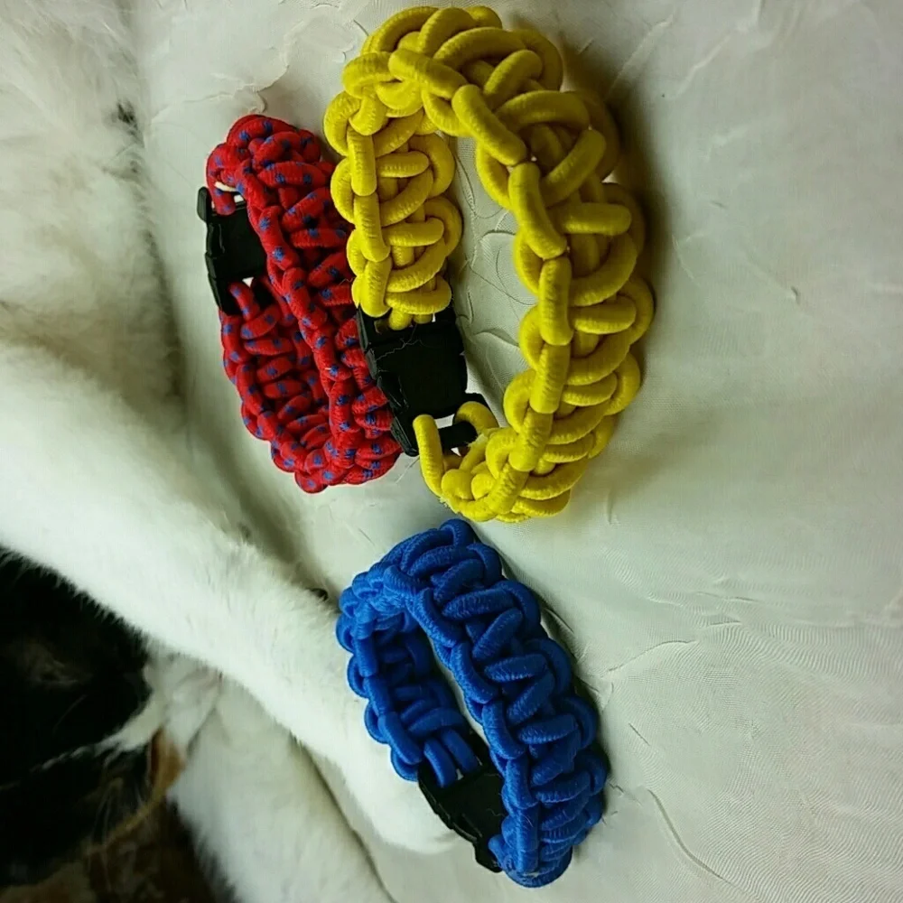 Set of 3 Paracord Survival Bracelets Red Blue Yellow Woven Frndshp Camping Gear