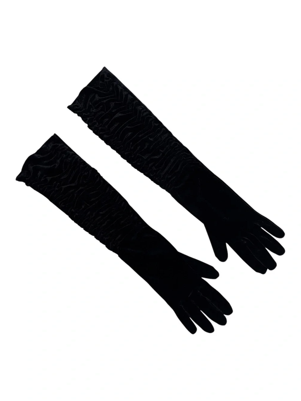 Women's Black Opera-Length Velvet Gloves with Ruched Detail