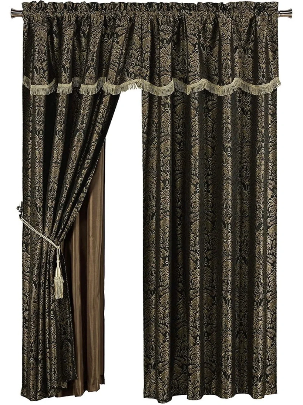 Elegant Black and Gold Jacquard Window Curtain Panel with Tassel Tieback