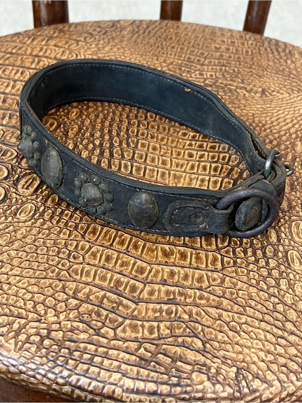 Vintage 18-19th Century Leather Dog collar with Brass Studs and Pawprint Conchos