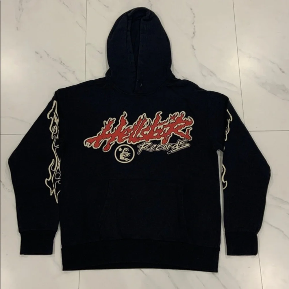 Hellstar Records Red Flames Black Hoodie Pullover Mens Size Large