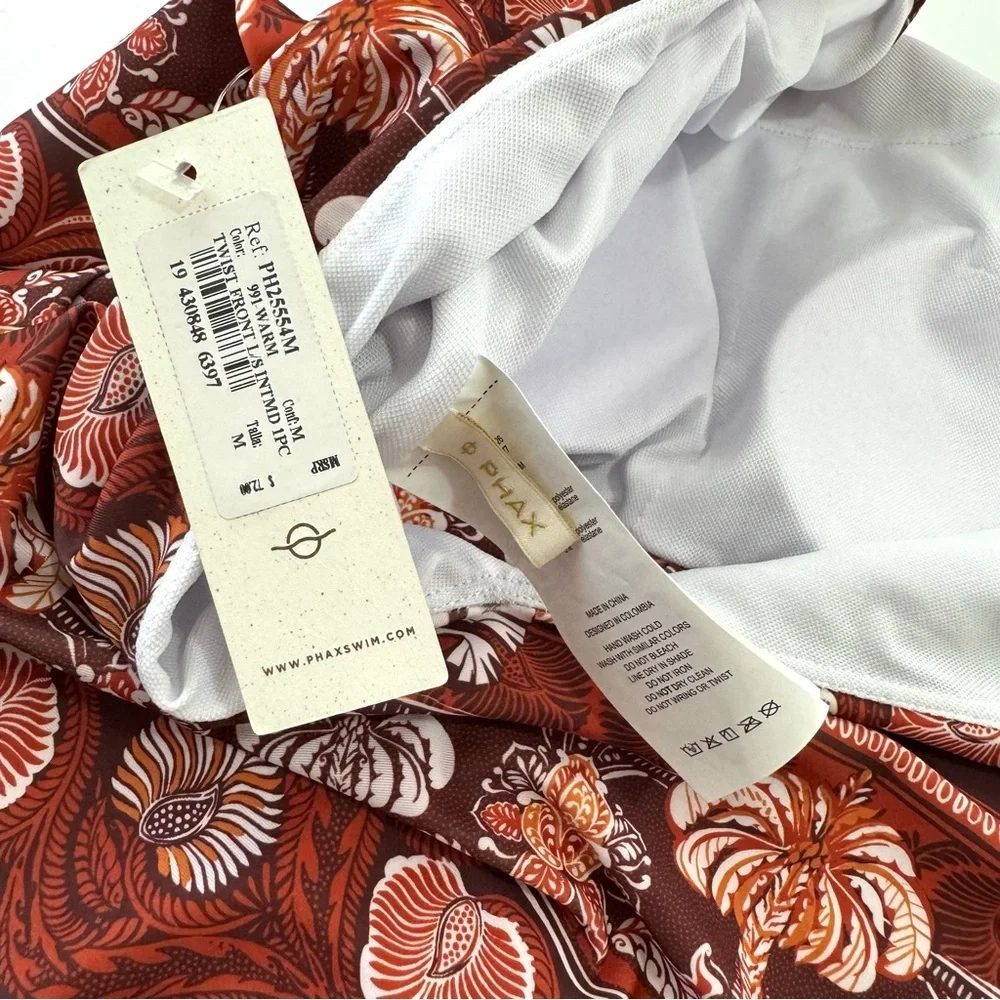 NWT Phax Sz M One Piece Printed Swimsuit Front Twist Stretch Long Sleeve Orange