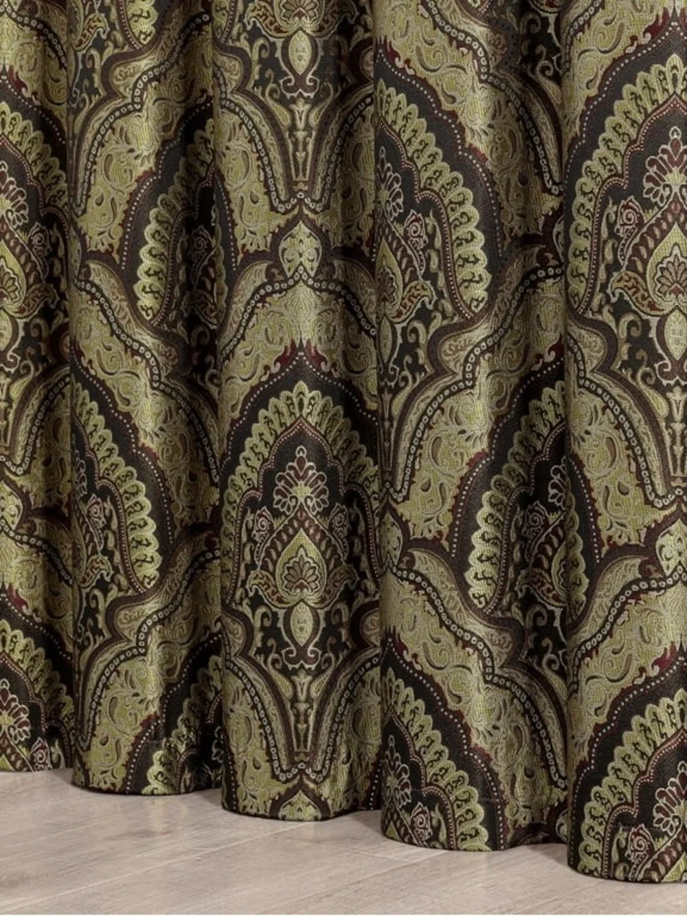 Burgundy and Gold Damask Window Curtain Panel Set