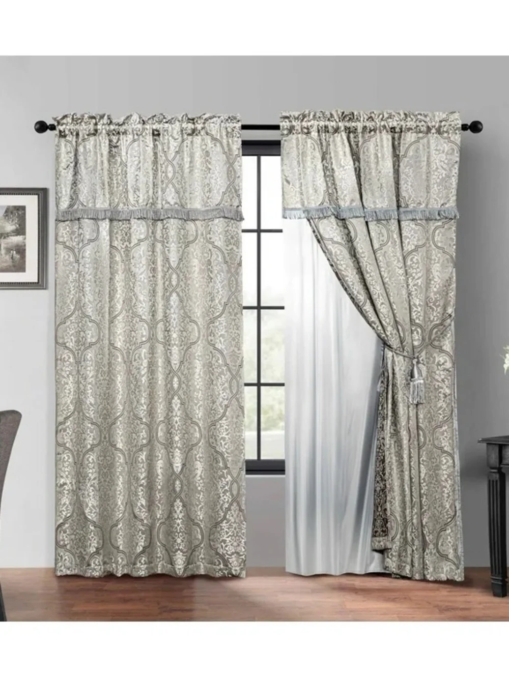 Elegant Silver Gray Damask Rod Pocket Curtain Panel with Valance