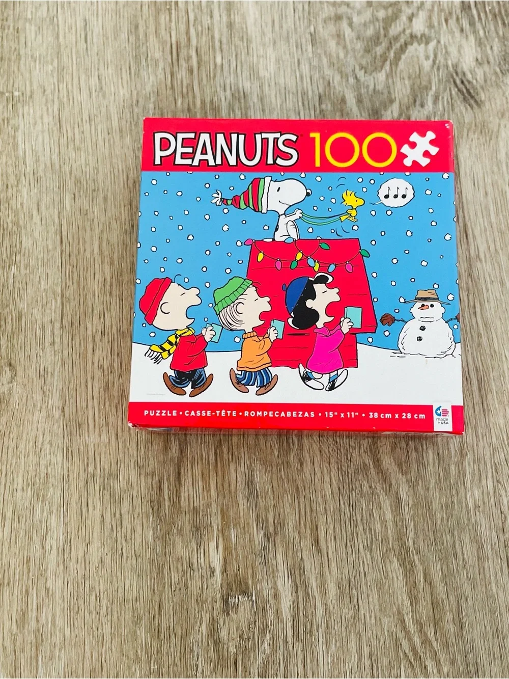Peanuts Holiday Puzzle Box with Bright Red and Blue Artwork
