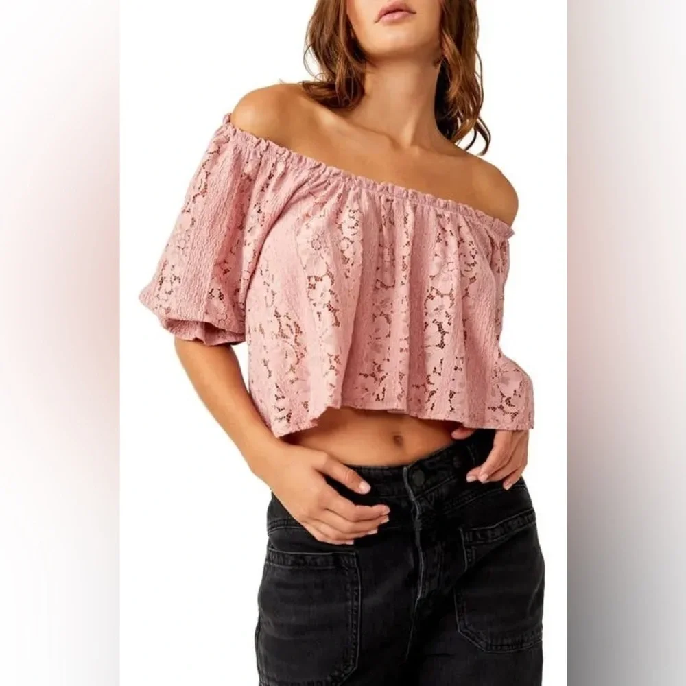 NEW Free People Stacey Lace Blush Tint Puff Sleeve Top Blouse Cropped Flowy