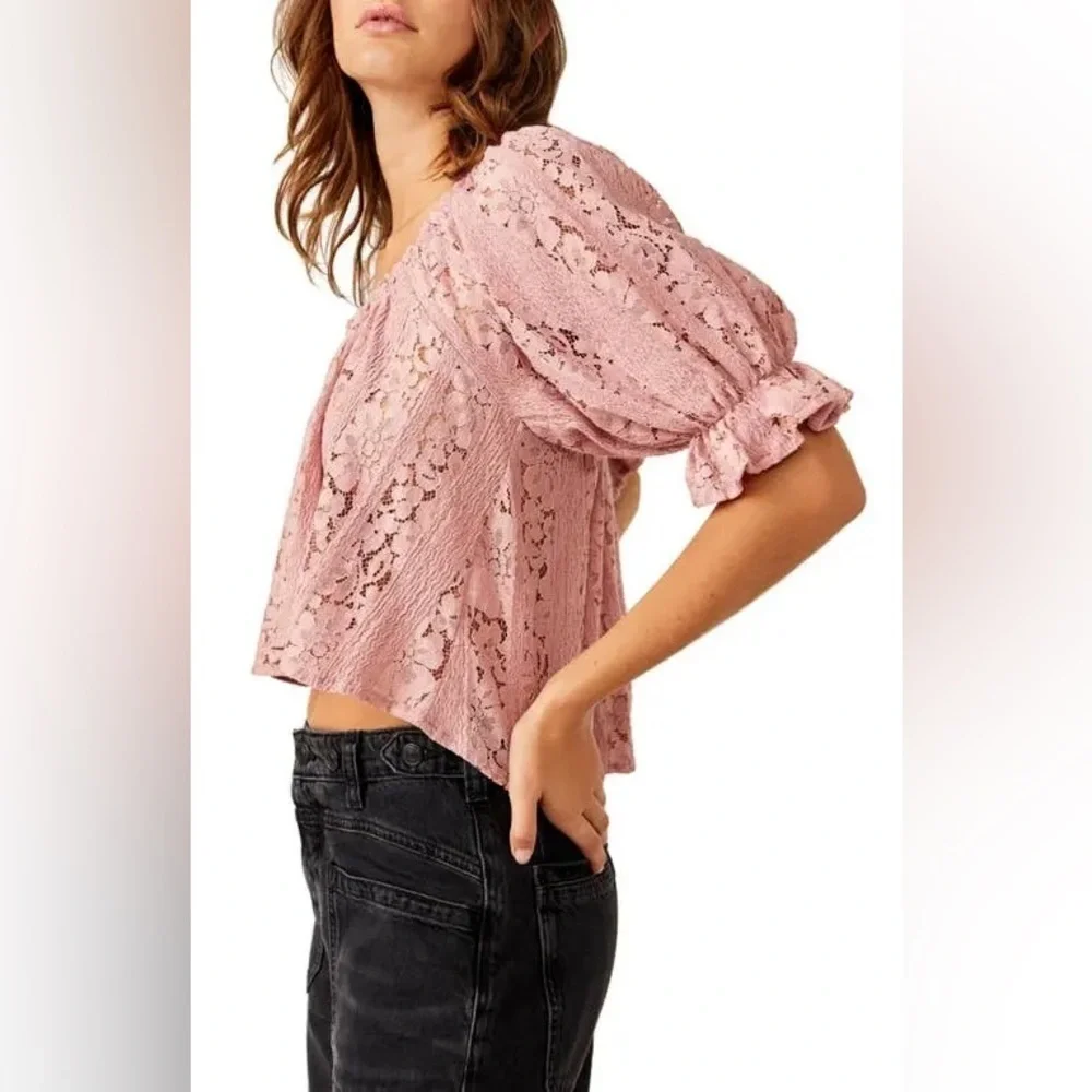 NEW Free People Stacey Lace Blush Tint Puff Sleeve Top Blouse Cropped Flowy