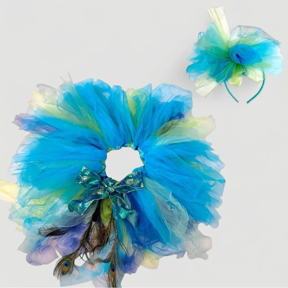 Handmade Peacock Costume Tulle Tutu Skirt and Fascinator – Girls Size 7 Dress-Up