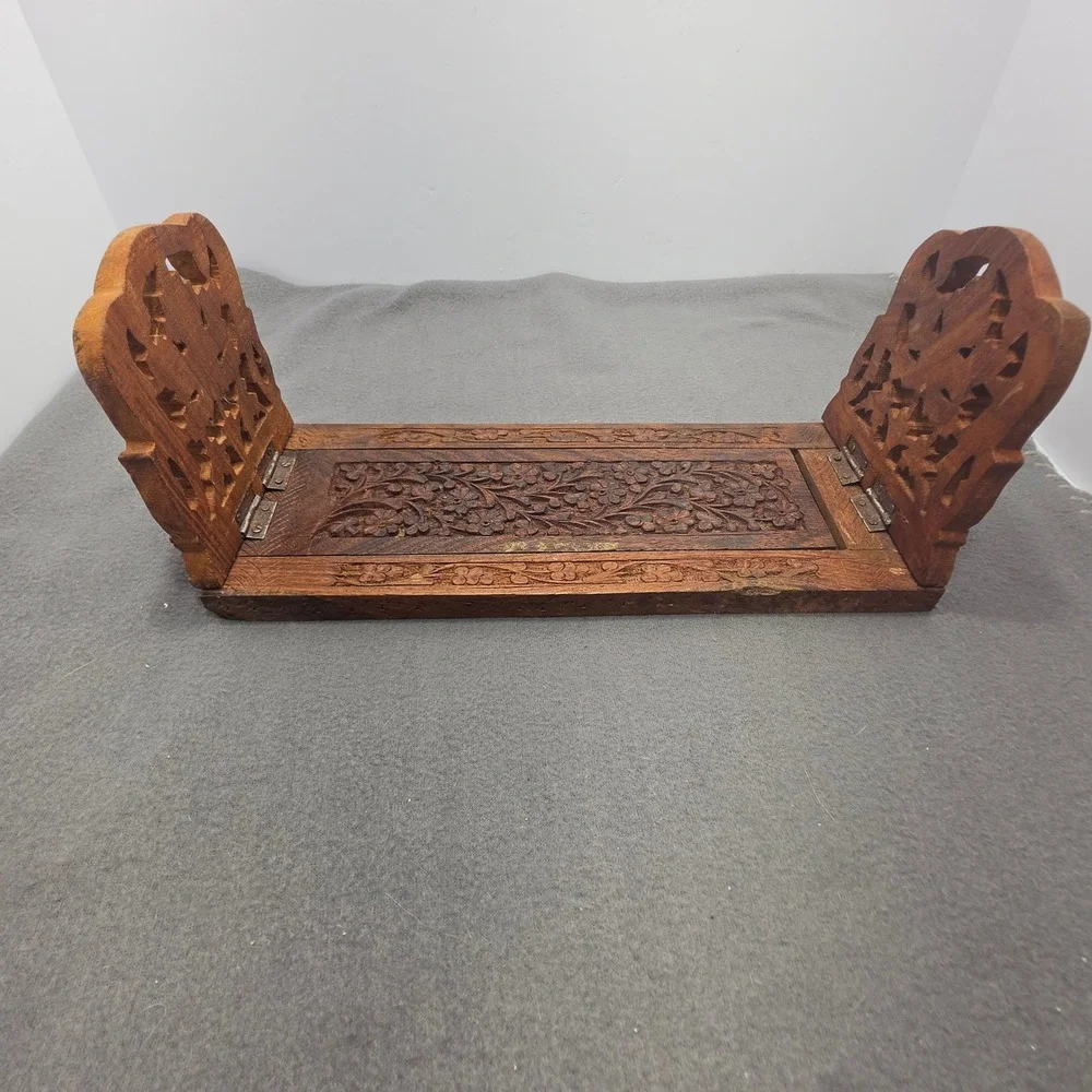 Vintage Hand Carved Floral Wood Book Slide Expandable Folding Desk Bookends B