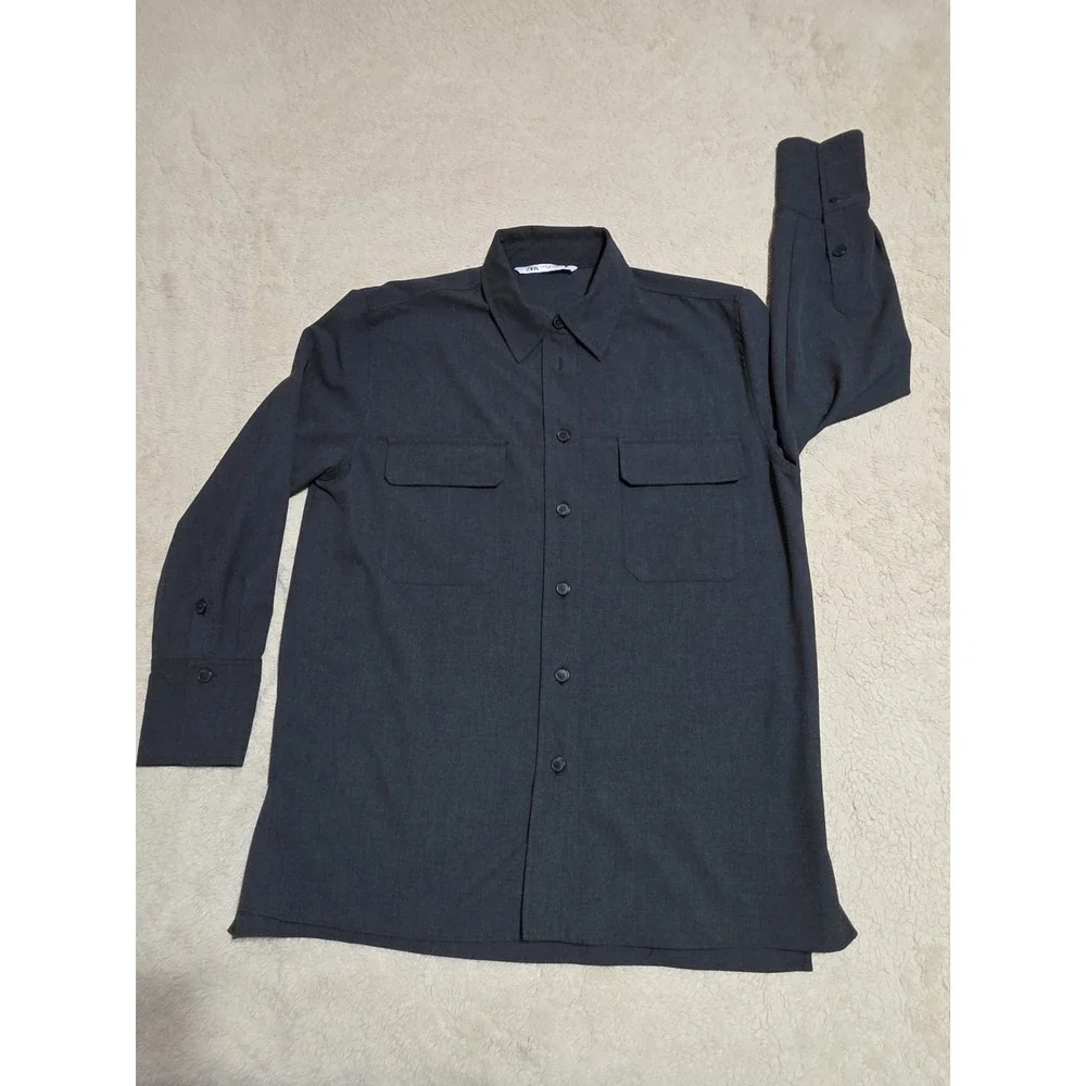 Zara Men's Charcoal Grey Long Sleeve Button-Down Utility Shirt